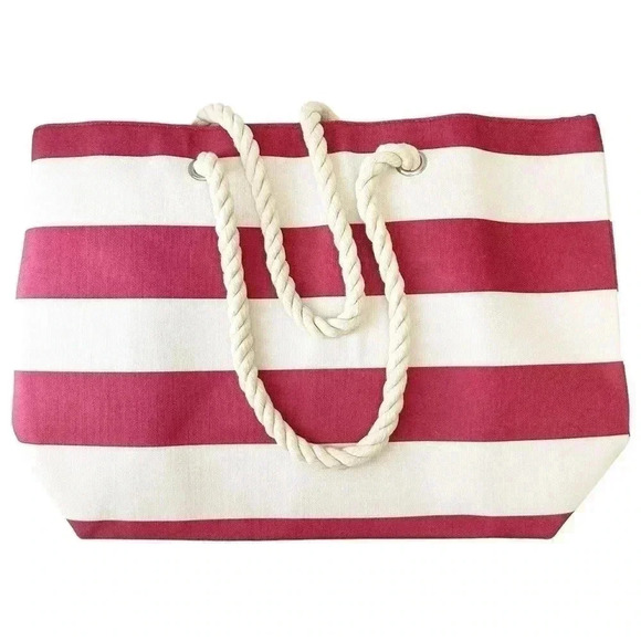 Oversized Canvas Tote Bag Rope Handle Beach Travel Carryall Red Cream Stripes - Picture 11 of 13